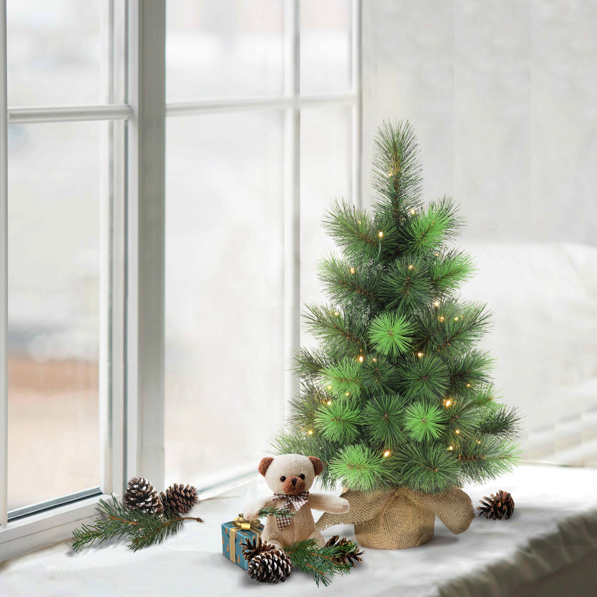 6 Pack: 2ft. Pre-Lit Artificial Christmas Tree in Burlap Base, Warm White LED Lights